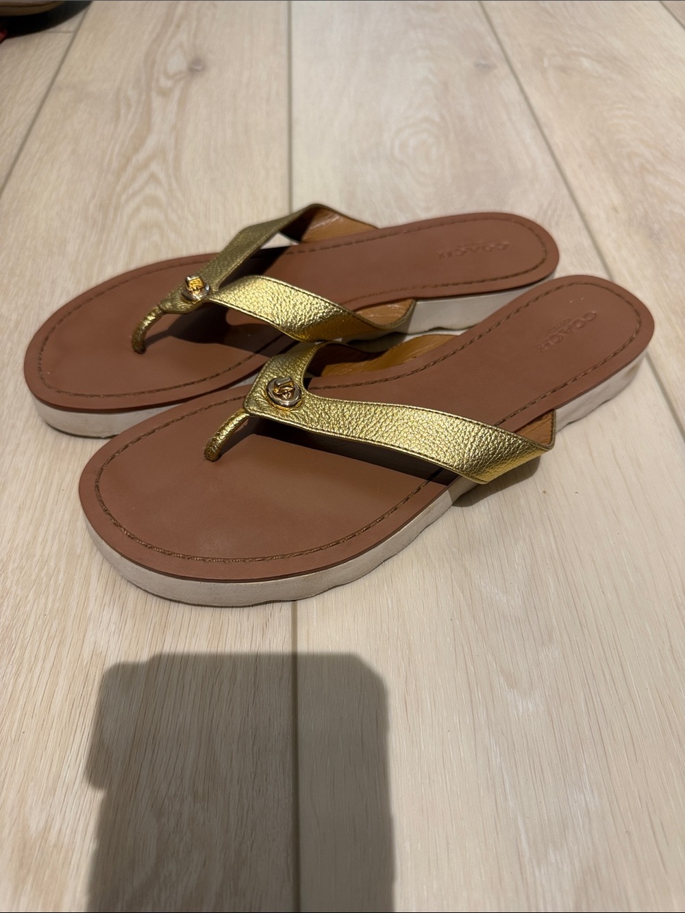 Coach Metallic Gold Thong Sandals with Brown Footbed